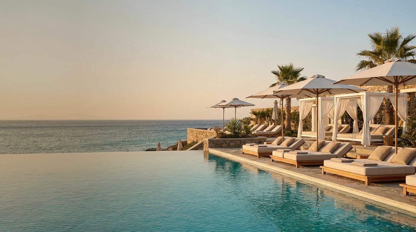 Beach club di Mykonos al tramonto, piscina infinity con lettini e palme